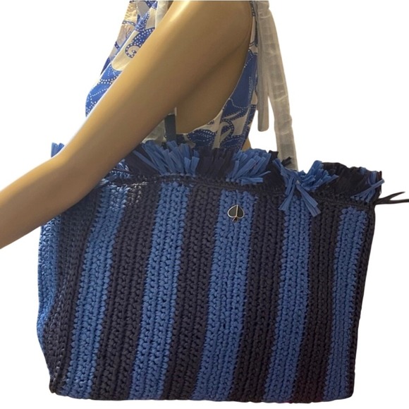 Kate Spade New York Handbags - Kate‎ Spade New York Woven Straw Tote Bag Blue Stripe Fringe Beach Summer